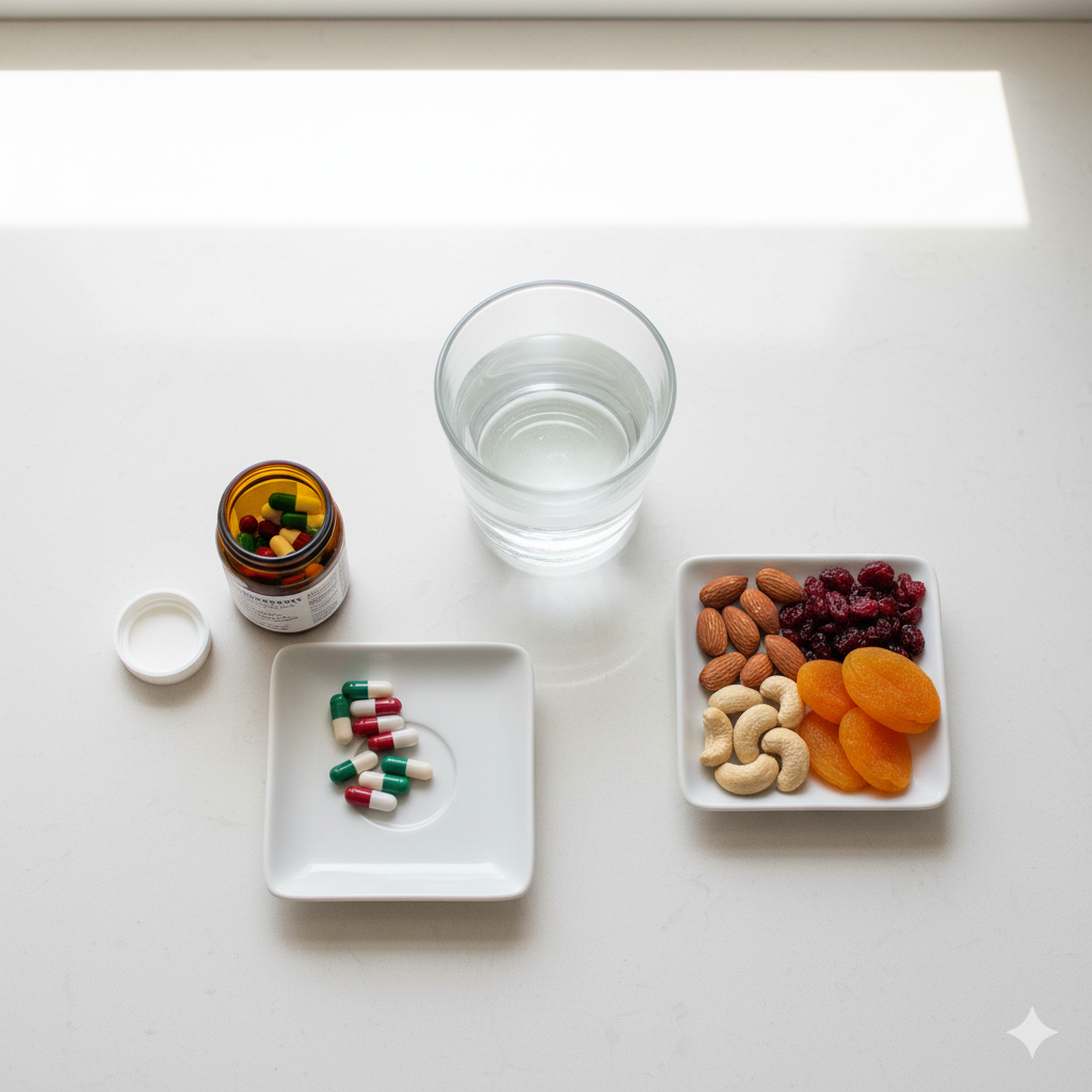 image of A flat lay of prenatal vitamins, a water glass, and a small plate of nuts and dried fruits on a bright kitchen counter, clean and organized, minimalist style.